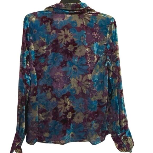 Velvet Floral Burnout Blouse Whimsigoth Boho Romantic Button Down Top Large - Picture 2 of 10